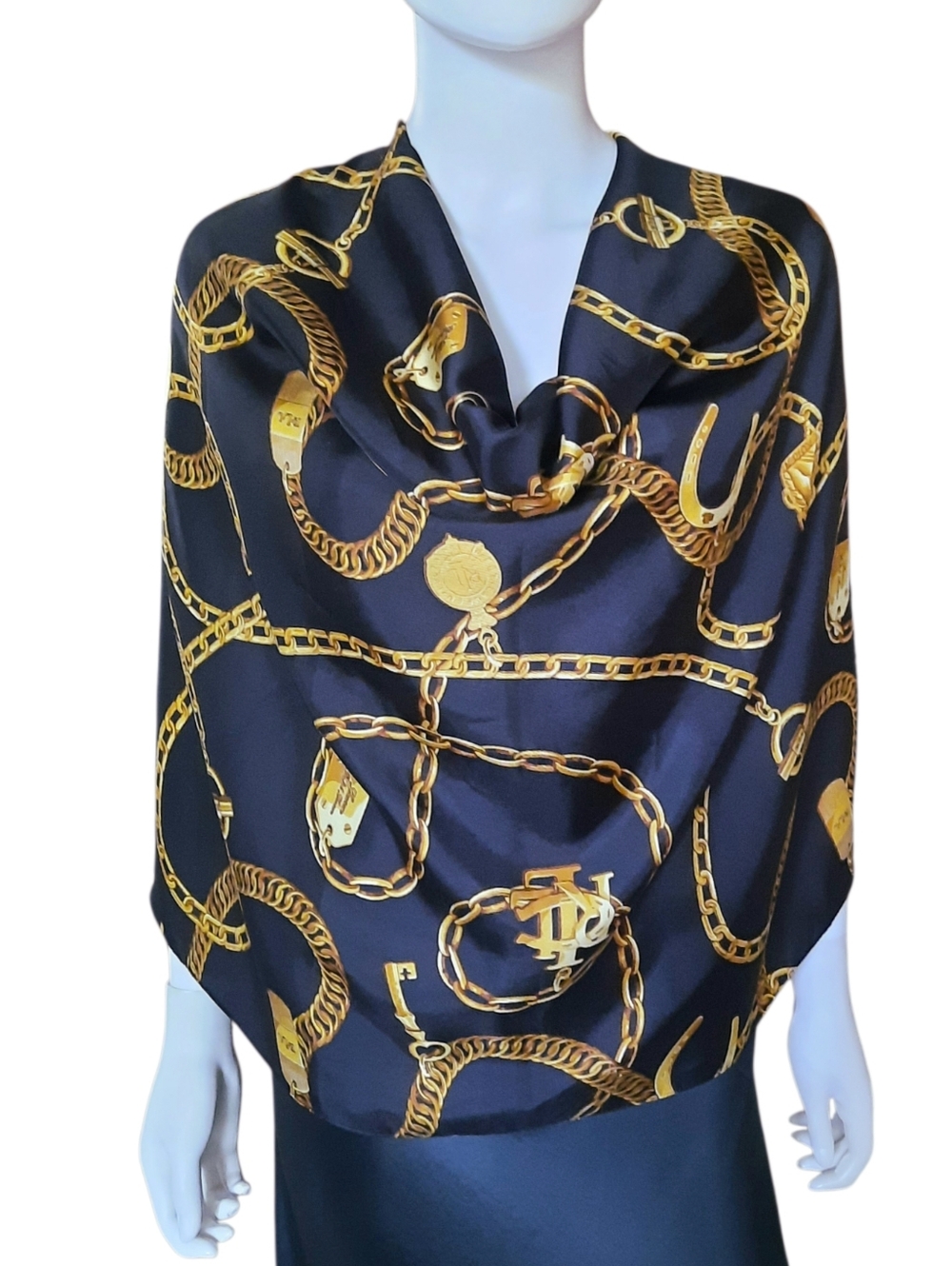 LAUREN RALPH LUAREN Chains Equestrian Charms Logo Silk Scarf 43x43" Black/Gold
